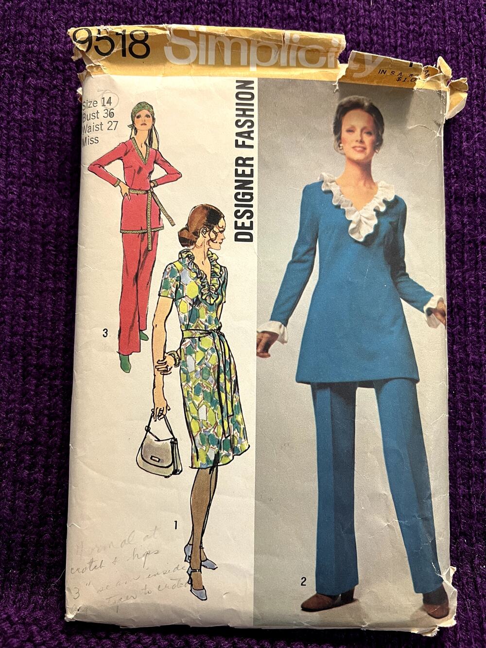 Simplicity 9518 dress top pants pattern 1970s size 14